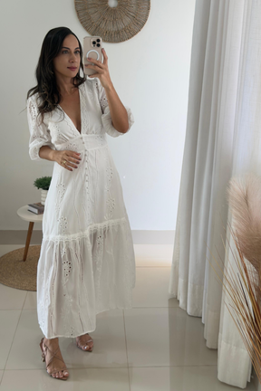 Vestido Branco Longo Com Renda Decote em V
