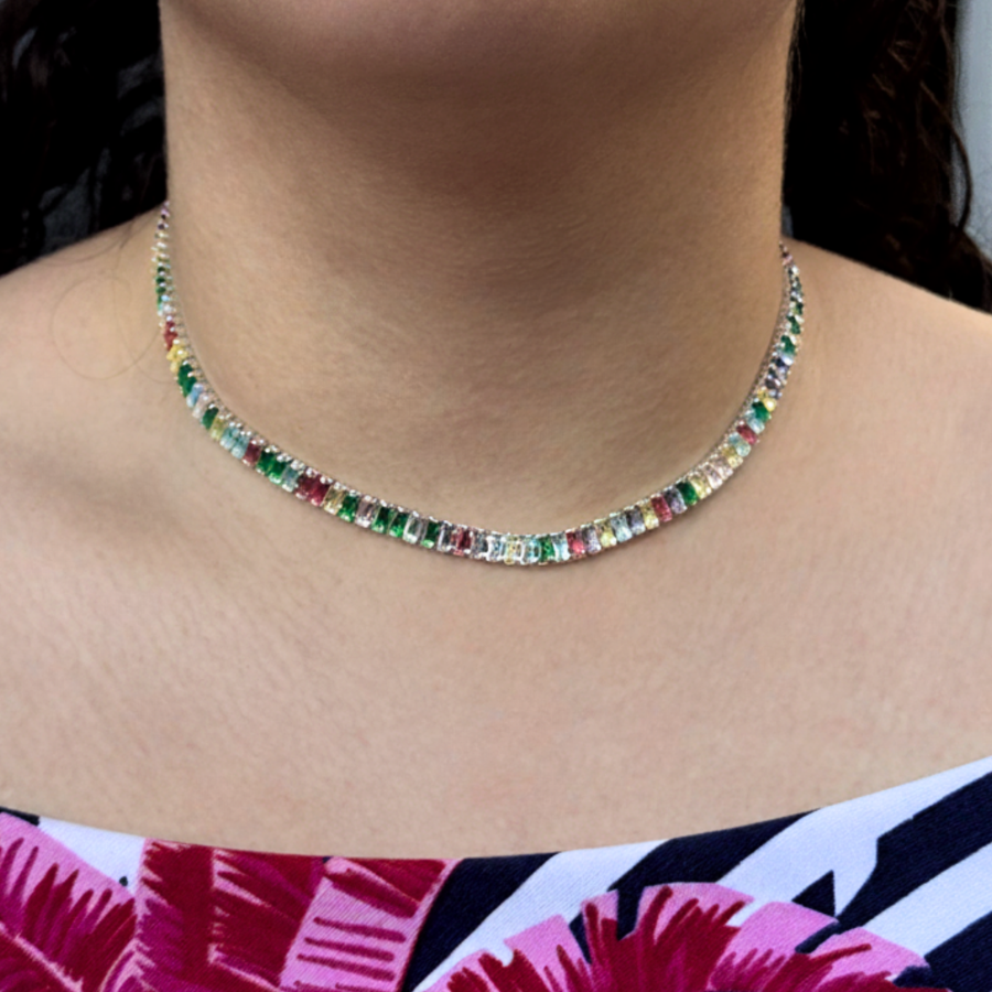 Choker Riviera Retangular Colorida Folheado a Prata