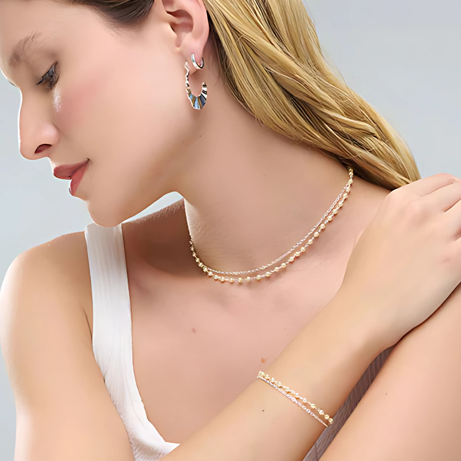 Choker Duplo Pérola e Corrente Folheado a Prata