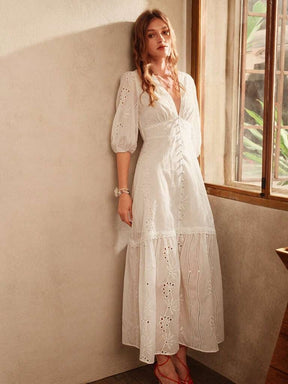 Vestido Branco Longo Com Renda Decote em V