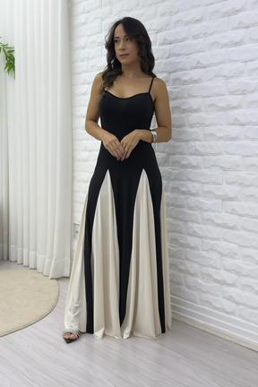 Vestido Mavie Longo Preto com Branco Slim Fit
