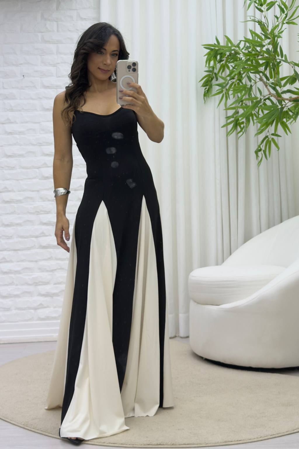 Vestido Mavie Longo Preto com Branco Slim Fit