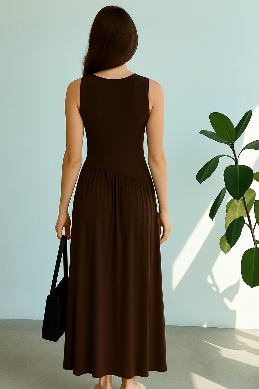 Vestido Meline Longo Cintura Franzida Minimalista Marrom