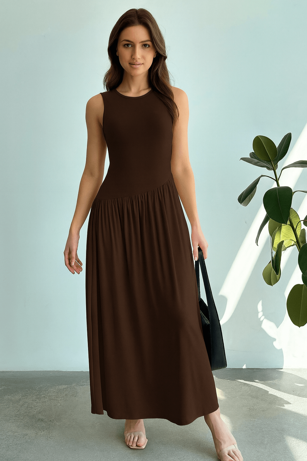 Vestido Meline Longo Cintura Franzida Minimalista Marrom