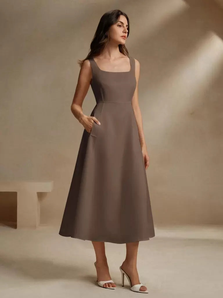 Vestido Midi Estilo Francês Decote Quadrado Marrom