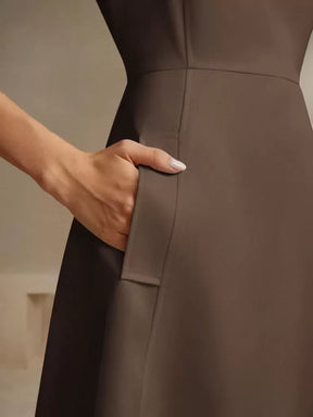 Vestido Midi Estilo Francês Decote Quadrado Marrom