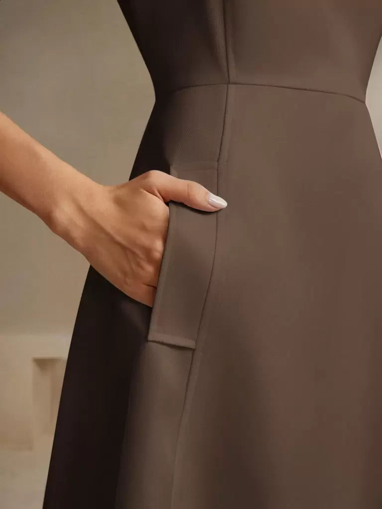 Vestido Midi Estilo Francês Decote Quadrado Marrom