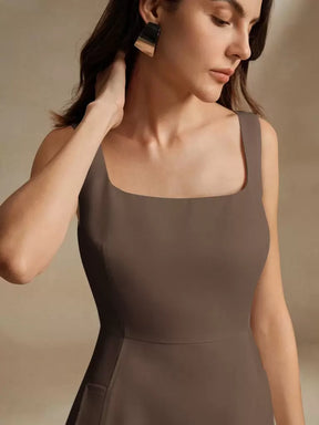 Vestido Midi Estilo Francês Decote Quadrado Marrom