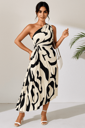 Vestido Midi Plissado Branco com Preto Toledo