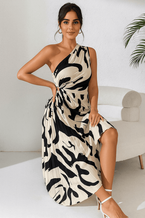 Vestido Midi Plissado Branco com Preto Toledo