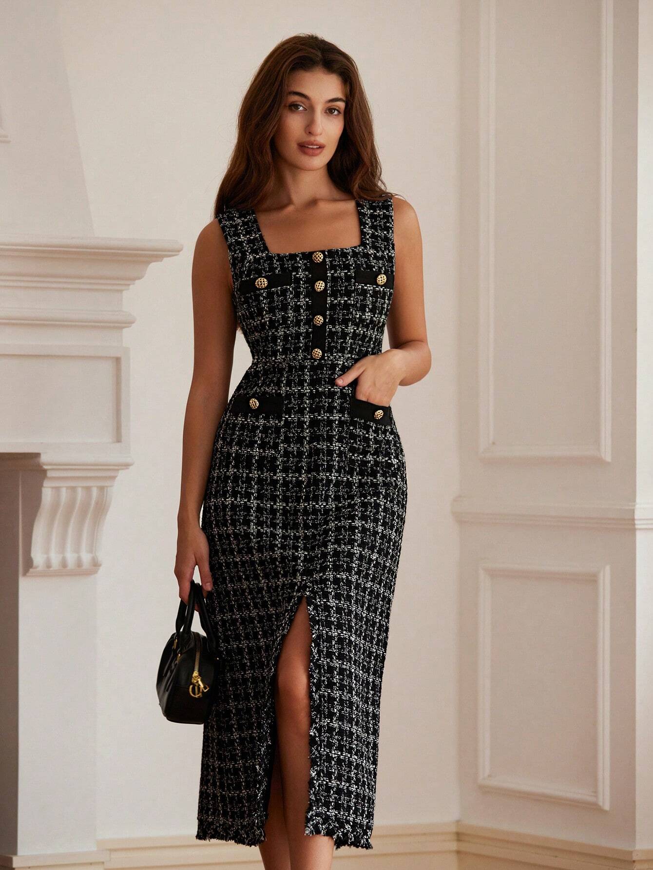 Vestido Midi Tweed Francês com Mistura de Cores Alyne