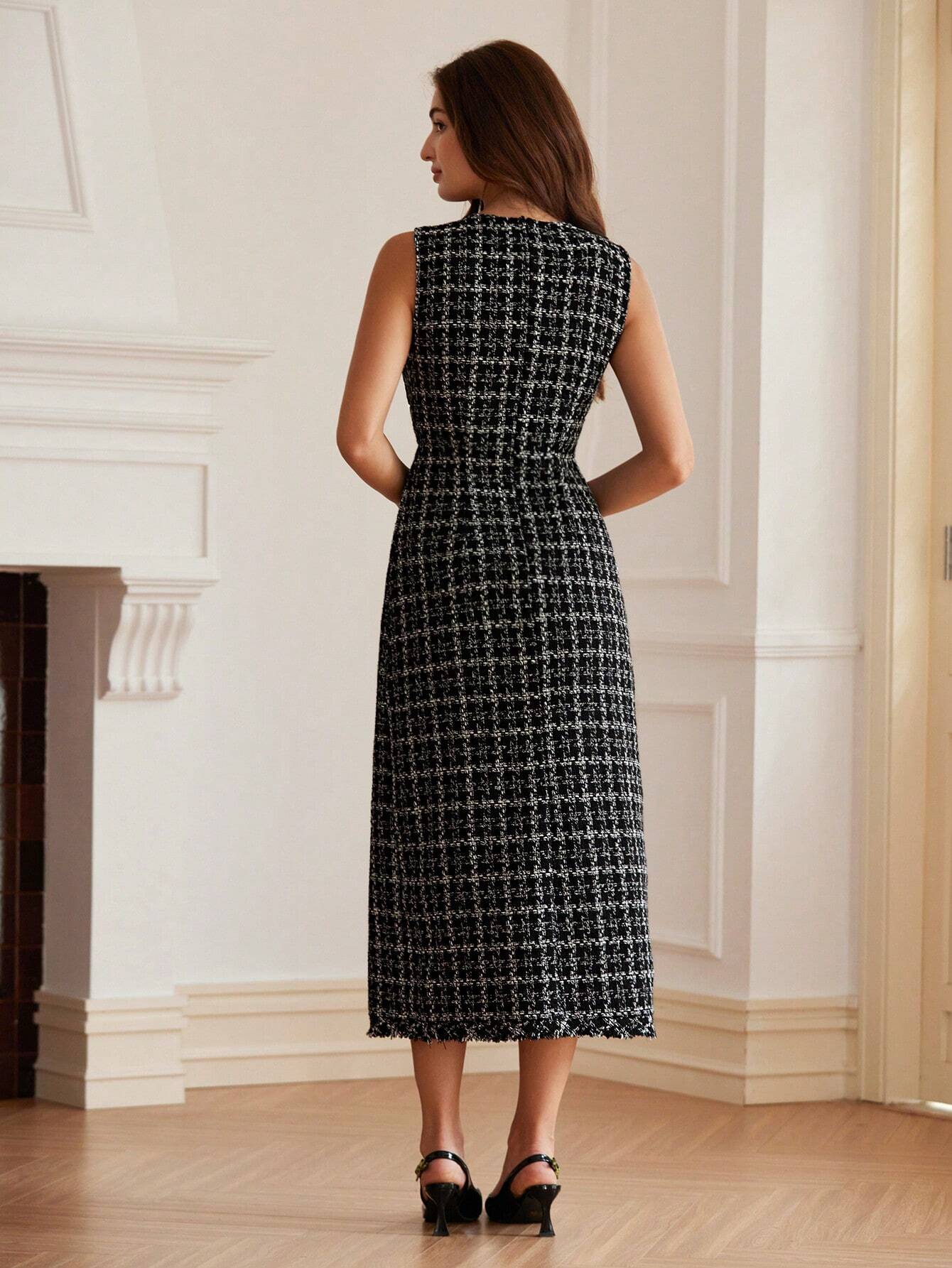 Vestido Midi Tweed Francês com Mistura de Cores Alyne