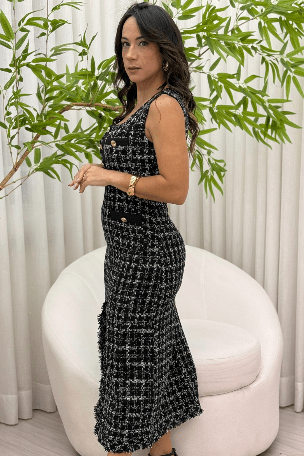 Vestido Midi Tweed Francês com Mistura de Cores Alyne