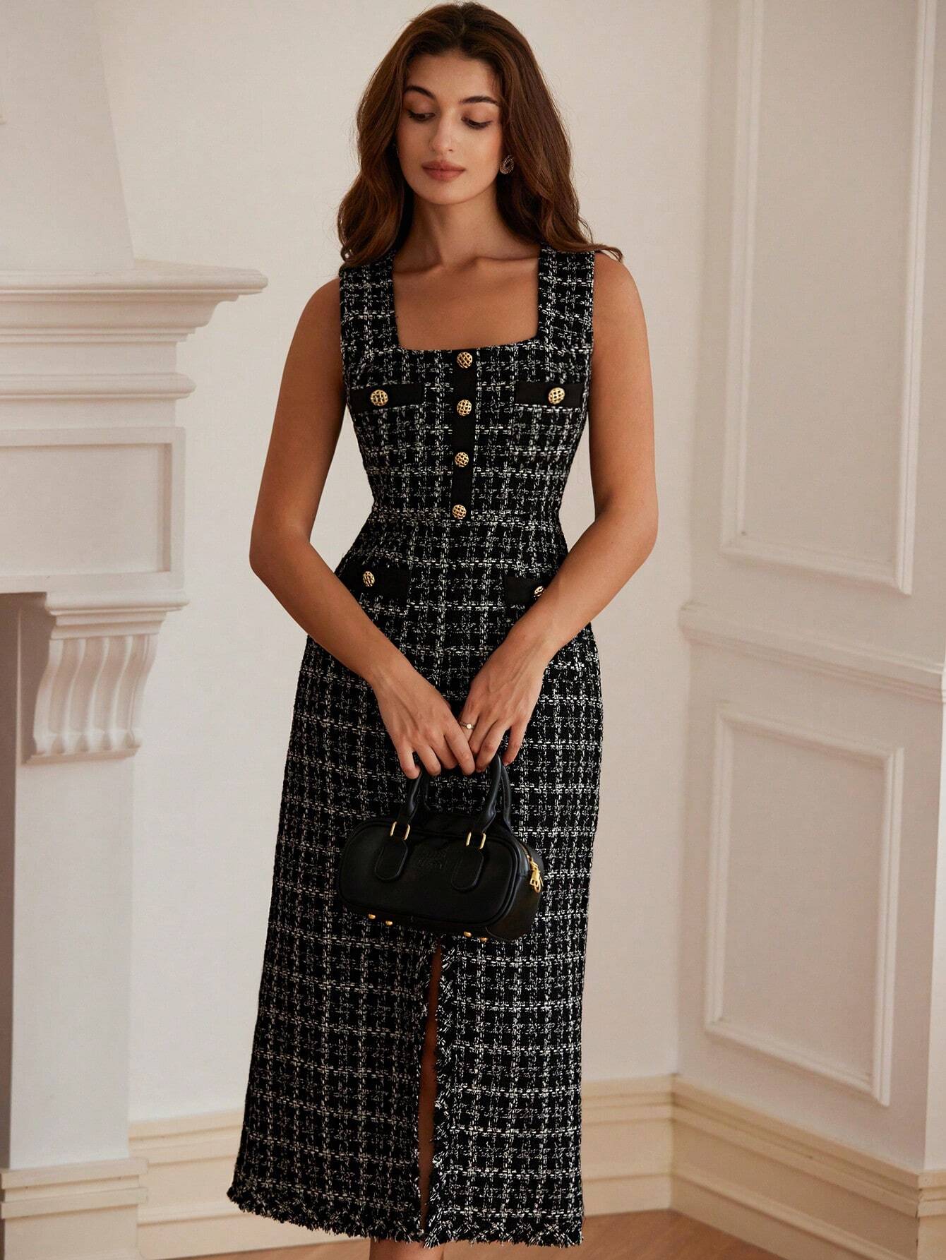 Vestido Midi Tweed Francês com Mistura de Cores Alyne