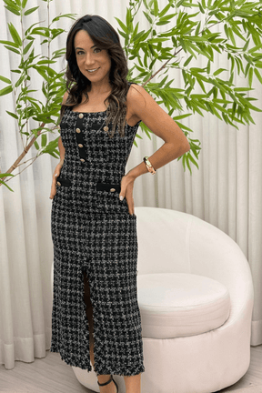 Vestido Midi Tweed Francês com Mistura de Cores Alyne