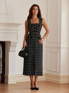 Vestido Midi Tweed Francês com Mistura de Cores Alyne