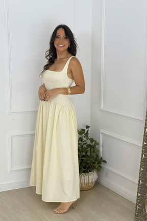 Vestido Vivi Decote Quadrado Plissado Sem Mangas Amarelo
