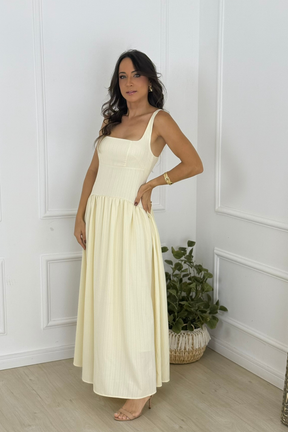 Vestido Vivi Decote Quadrado Plissado Sem Mangas Amarelo