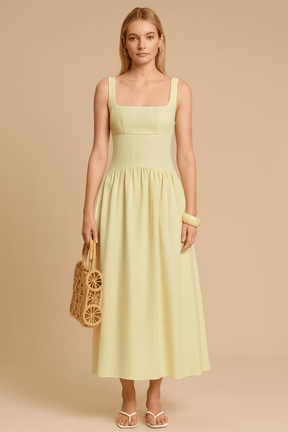 Vestido Vivi Decote Quadrado Plissado Sem Mangas Amarelo